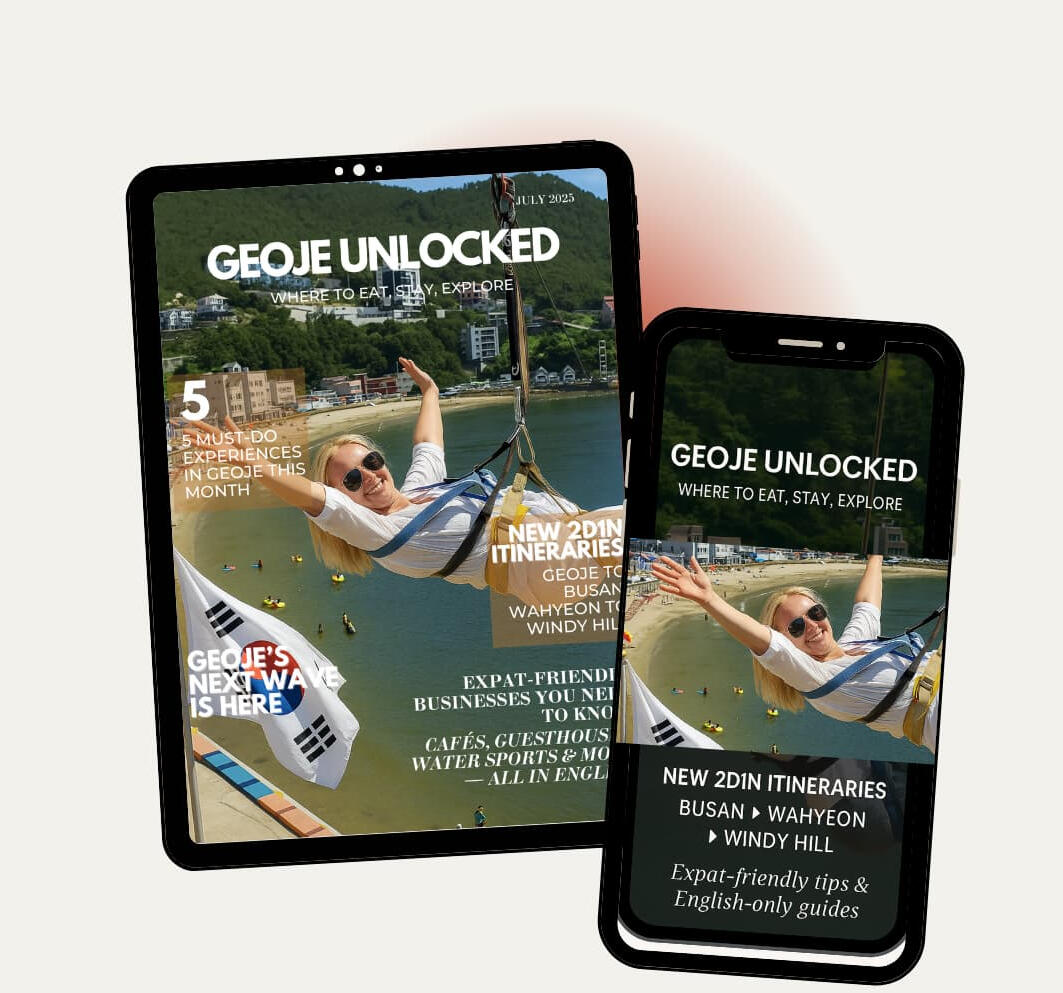 Geoje Unlocked digital travel guide displayed on tablet and smartphone, featuring expat-friendly itineraries, must-do experiences, and English-language tips for visiting Geoje, South Korea