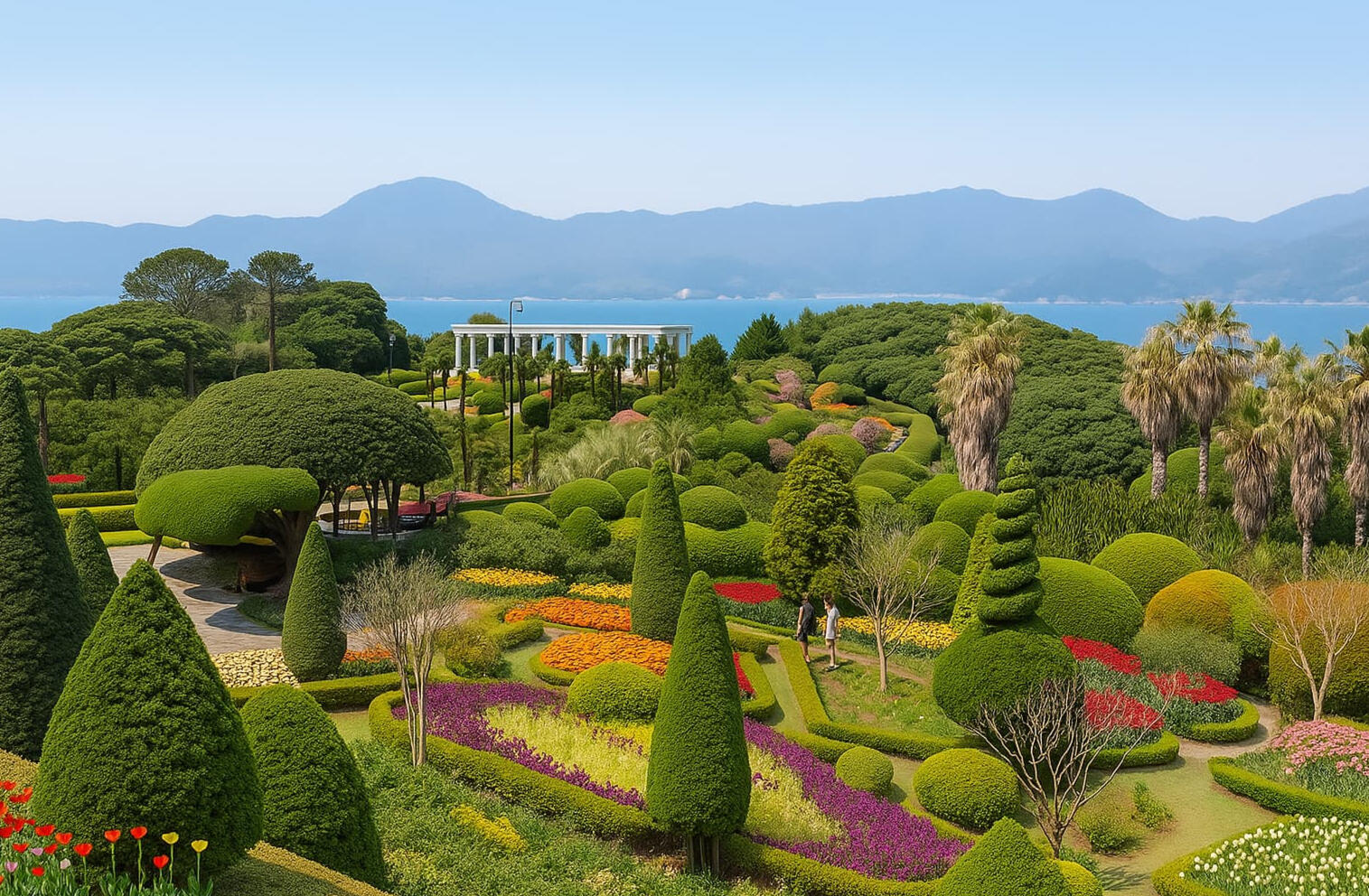 Vibrant topiary and flower garden at Oedo Botania in Geoje, South Korea, overlooking the ocean with palm trees and mountain backdrop