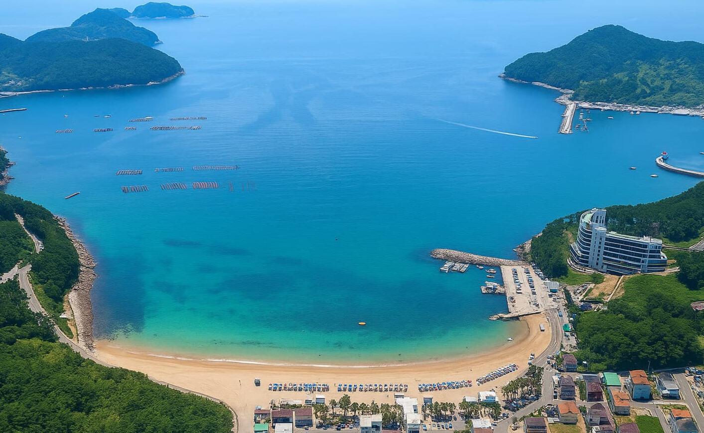 Aerial view of Wahyeon Beach in Geoje, South Korea, showing a crescent-shaped shoreline, turquoise waters, and surrounding mountains.