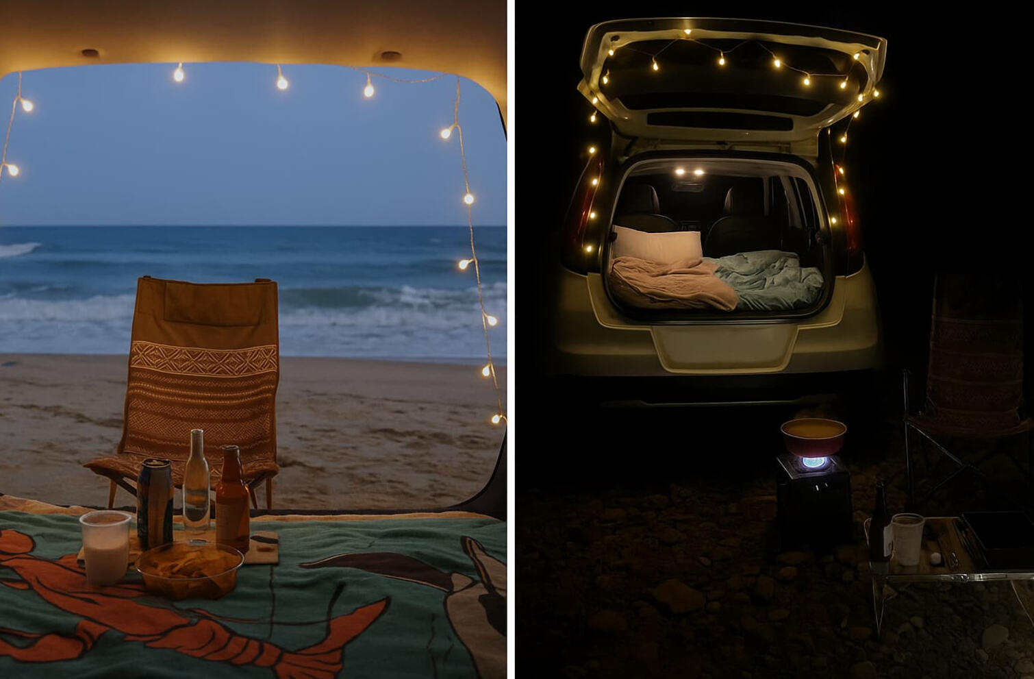 Cozy car camping setup by the ocean with string lights, beach view, snacks, and nighttime cooking scene at rocky campsite